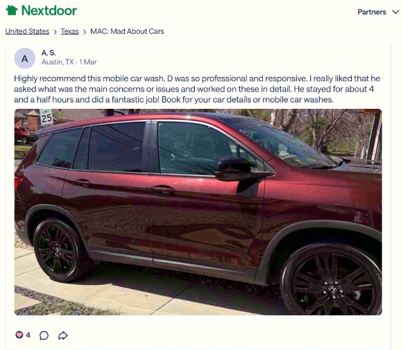 Verified Nextdoor review for professional mobile cars wash and interior detailing in Austin Texas