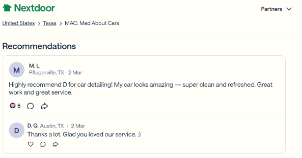 Nextdoor verified customer review for mobile cars detailing in Pflugerville Texas